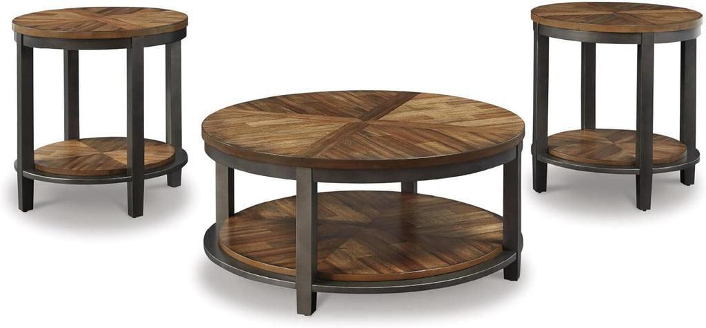 Signature Design by Ashley Roybeck 3-Piece Wood Coffee and End Table Set | Round tables with fixed lower shelves, Dark bronze-tone frame, Veneers, wood and engineered wood, Natural acacia finish