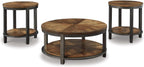 Signature Design by Ashley Roybeck 3-Piece Wood Coffee and End Table Set | Round tables with fixed lower shelves, Dark bronze-tone frame, Veneers, wood and engineered wood, Natural acacia finish