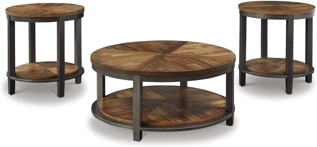 Signature Design by Ashley Roybeck 3-Piece Wood Coffee and End Table Set | Round tables with fixed lower shelves, Dark bronze-tone frame, Veneers, wood and engineered wood, Natural acacia finish