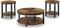 Signature Design by Ashley Roybeck 3-Piece Wood Coffee and End Table Set | Round tables with fixed lower shelves, Dark bronze-tone frame, Veneers, wood and engineered wood, Natural acacia finish