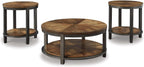 Signature Design by Ashley Roybeck 3-Piece Wood Coffee and End Table Set | Round tables with fixed lower shelves, Dark bronze-tone frame, Veneers, wood and engineered wood, Natural acacia finish