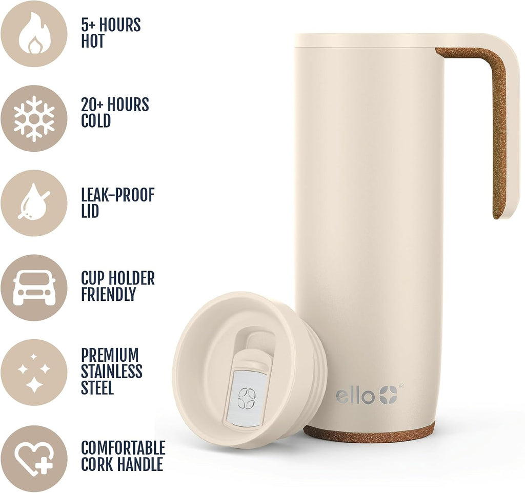 Ello Magnet 18oz Insulated Stainless Steel Travel Mug with Handle,Limestone
