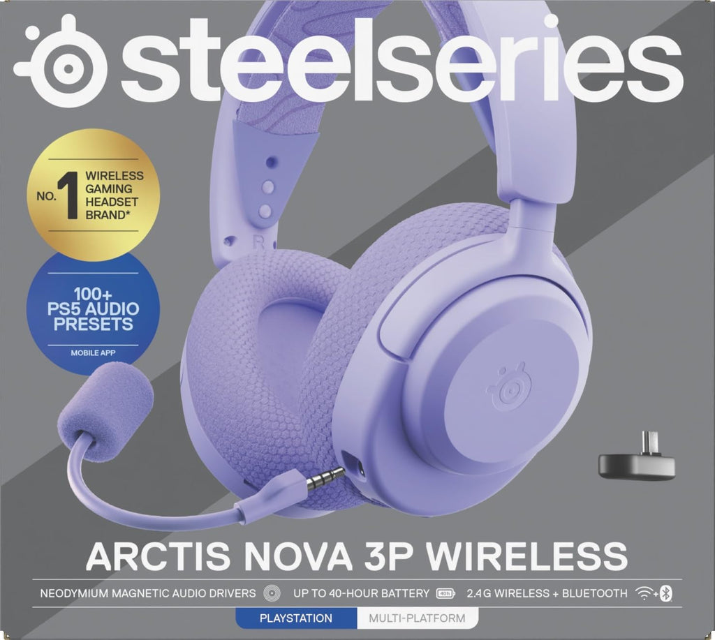 SteelSeries Arctis Nova 3P Wireless - PS5 Headset - Gaming Headset - Mobile App Control - 40 HR Battery with fast charging - Compatible with PlayStation, PC, Switch - 2.4GHz/Bluetooth - Lavender