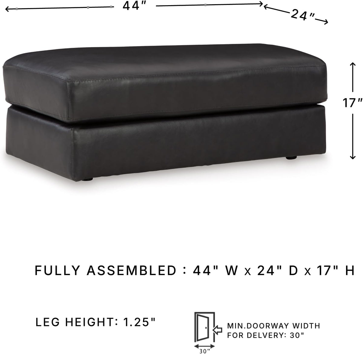 Signature Design by Ashley Amiata Black Leather and Faux Leather Ottoman, Fully Assembled Coffee Table Alternative, Rectangular Footrest Bench for Living Room, Onyx, 44" W x 24" D x 17" H