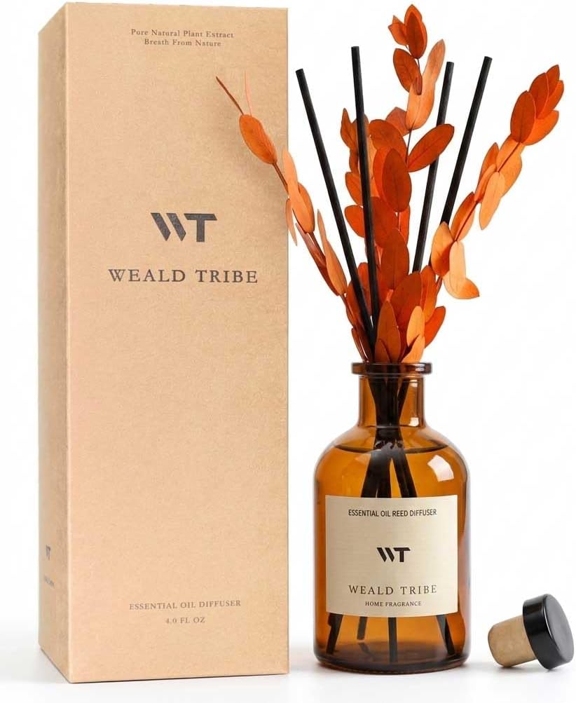 WEALD TRIBE Flower Reed Diffuser Set Eucalyptus & Lavender Scent for Room Bathroom Accessories Shelf Decor & Air Fresheners, Sticks Defusers with 4.0 fl oz Home Fragrance Oils, Office Gift