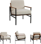Signature Design by Ashley Accent Chair, Cream Upholstered Wood, Tilden | 100% polyester loose cushions, Warm brown wood arm caps, Oil-rubbed bronze tone metal base, Living room lounge seating