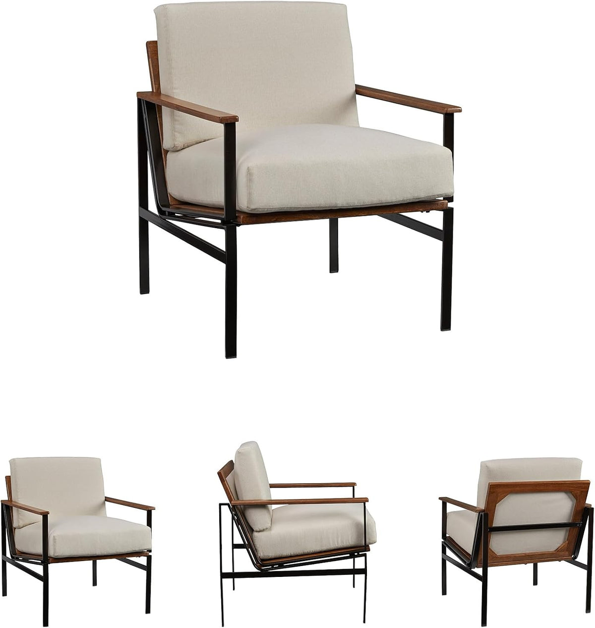 Signature Design by Ashley Accent Chair, Cream Upholstered Wood, Tilden | 100% polyester loose cushions, Warm brown wood arm caps, Oil-rubbed bronze tone metal base, Living room lounge seating