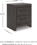 Signature Design by Ashley 2 Drawer Grey Nightstand, Charcoal, Prendonea | Engineered wood with decorative laminate, Smooth-gliding drawers, Replicated oak texture, Sturdy 41 lb solid frame