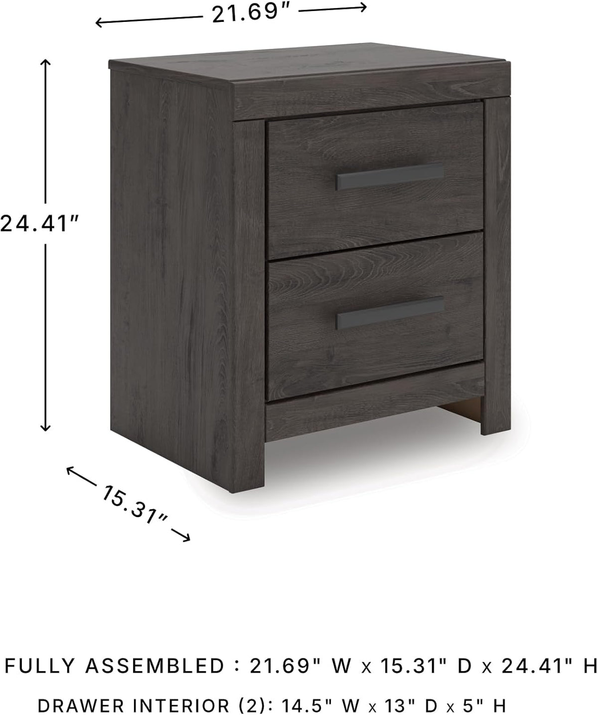 Signature Design by Ashley 2 Drawer Grey Nightstand, Charcoal, Prendonea | Engineered wood with decorative laminate, Smooth-gliding drawers, Replicated oak texture, Sturdy 41 lb solid frame