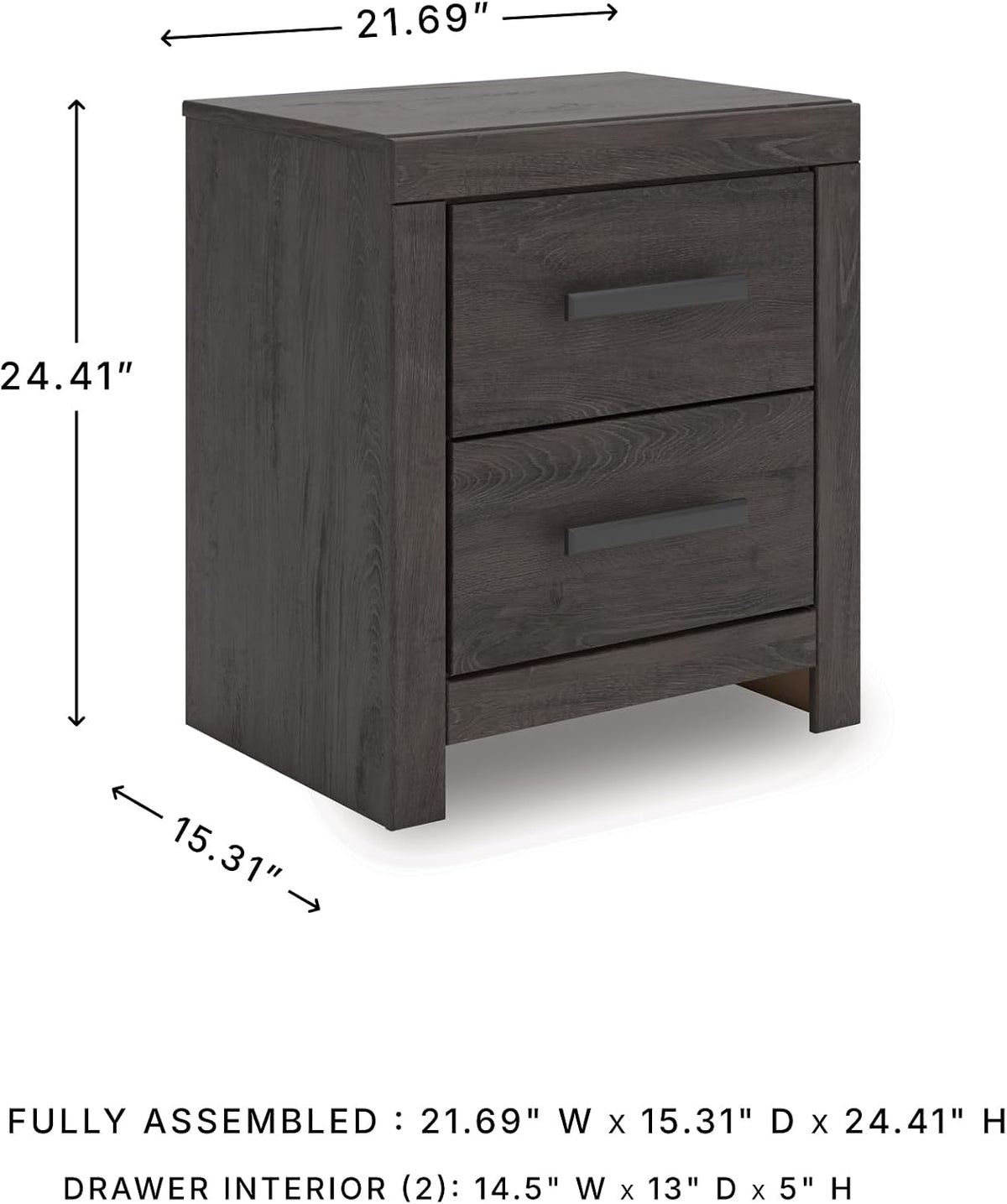 Signature Design by Ashley 2 Drawer Grey Nightstand, Charcoal, Prendonea | Engineered wood with decorative laminate, Smooth-gliding drawers, Replicated oak texture, Sturdy 41 lb solid frame