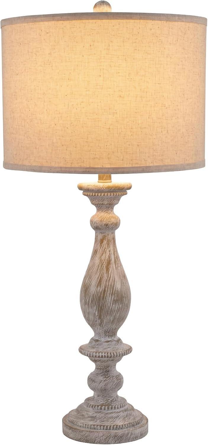Signature Design by Ashley Table Lamps Set of 2, Tall Farmhouse, Whitewash | Durable 33-inch H cast resin pedestal base, Light fabric drum shade, Farmhouse style for end tables, Bernadate Series