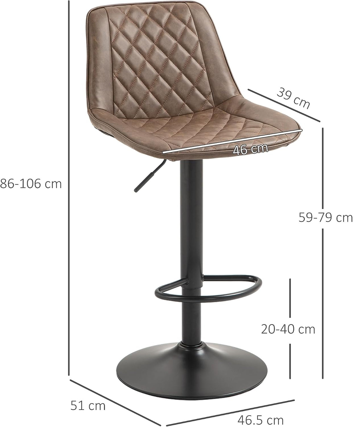 HOMCOM Bar Stools Set of 2 Retro Adjustable Kitchen Stool Swivel Brown