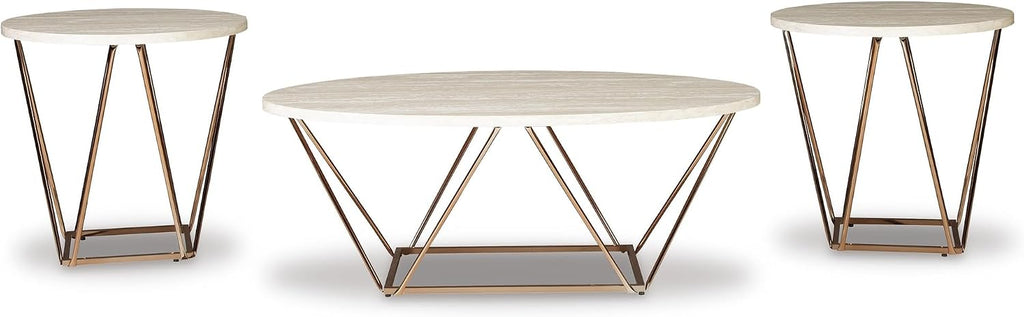 Signature Design by Ashley Faux Marble Coffee Table Set of 3, White & Gold | Supports 250 pounds, 47-inch oval center table and 2 24-inch high side tables, Light goldtone metal base, Tarica Series