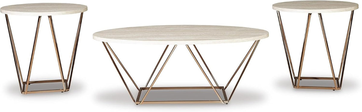 Signature Design by Ashley Faux Marble Coffee Table Set of 3, White & Gold | Supports 250 pounds, 47-inch oval center table and 2 24-inch high side tables, Light goldtone metal base, Tarica Series