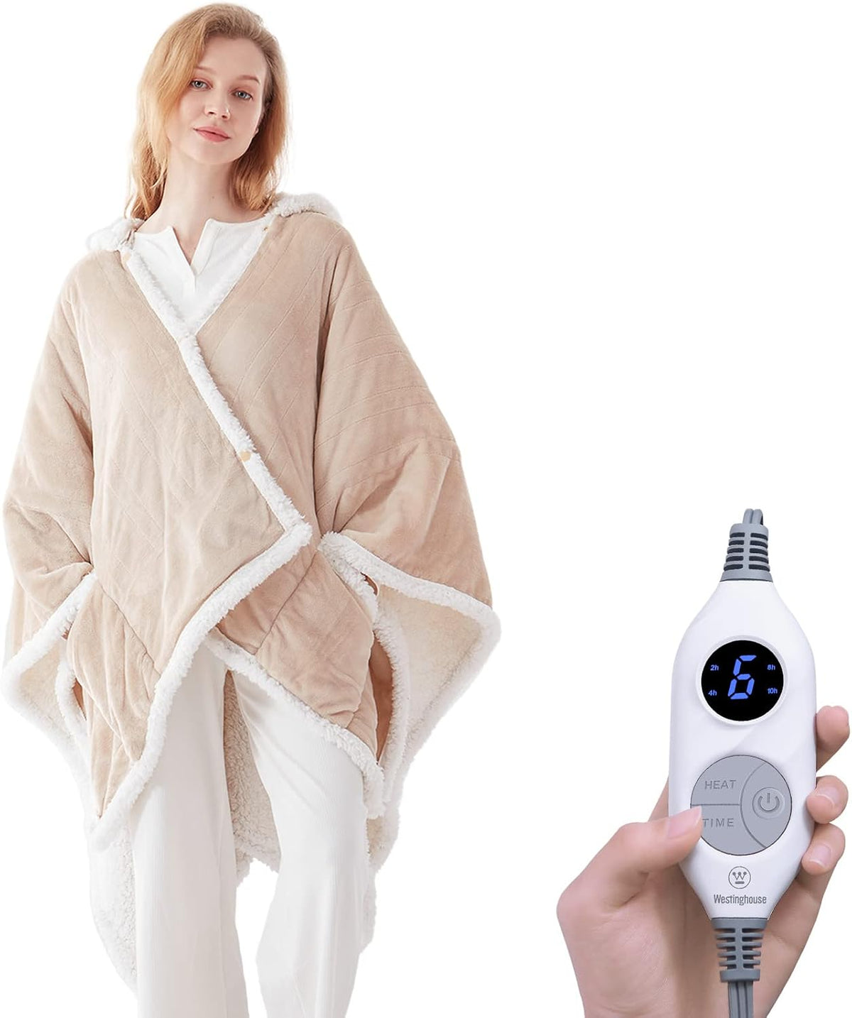 Westinghouse Wearable Heated Throw Blanket Flannel Sherpa 50x60 Inch Beige