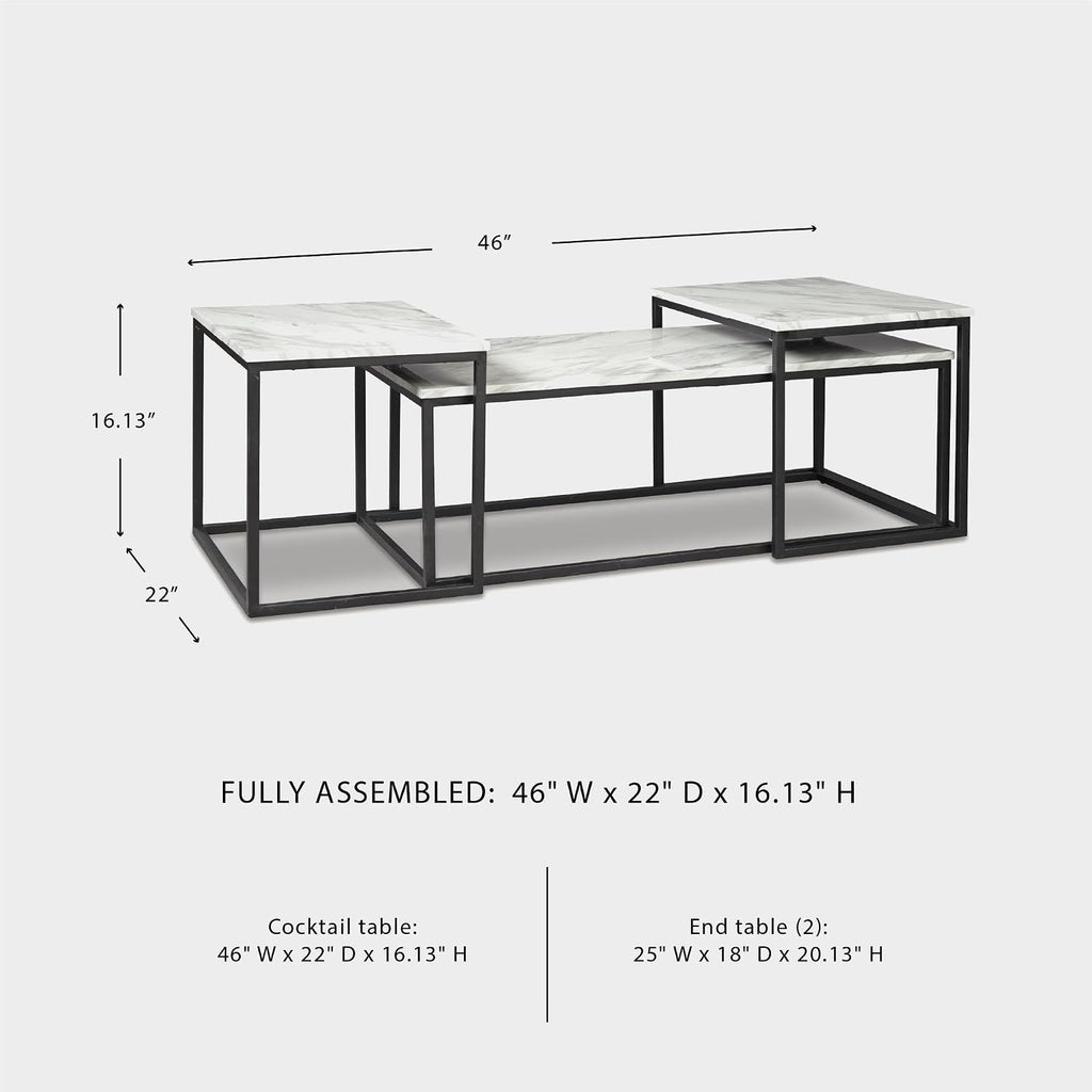 Signature Design by Ashley Donnesta 3 Piece Nesting Coffee Table Set | Space saving design, Decorative laminate over engineered wood, Faux Carrara marble pattern, Black powder coated metal