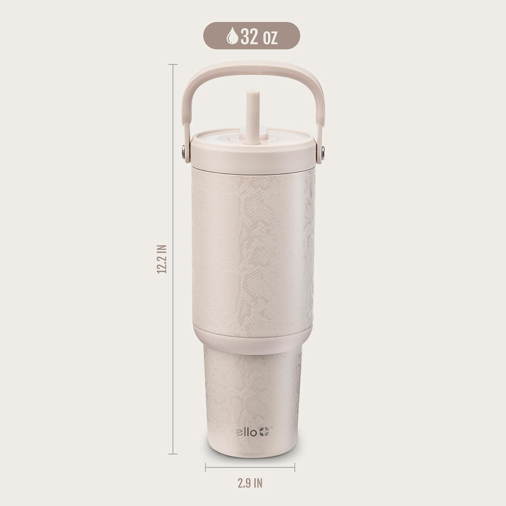 Ello Oasis Go+ 32oz Tumbler with Top Handle and Retracting Straw | Reusable Insulated Stainless Steel Cup, 100% Leakproof Water Bottle, 24 Hours Cold, Cup Holder Friendly For Travel | Python