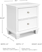 Signature Design by Ashley Fortman White Nightstand, 2 Drawer Storage, Hardwood Solids and MDF Construction, Traditional Wood Bedside Table, 25" W | Hardwood solids and MDF substrate, Smooth-gliding closed storage, Ideal for master and guest rooms