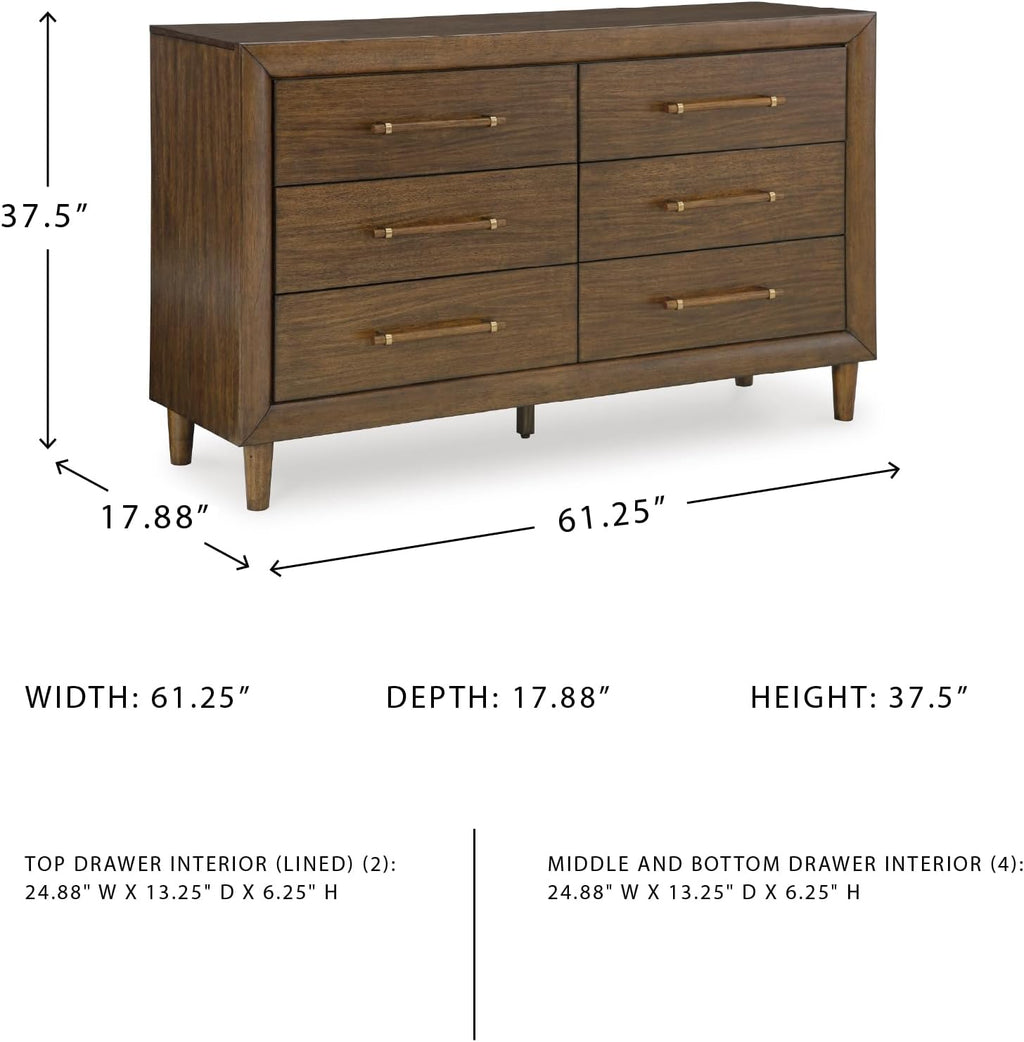 Signature Design by Ashley Mid Century Modern 6 Drawer Dresser for Bedroom | 6-drawer double dresser, Hardwood solids mango wood veneer and MDF substrates, Bedroom storage, Lyncott Series