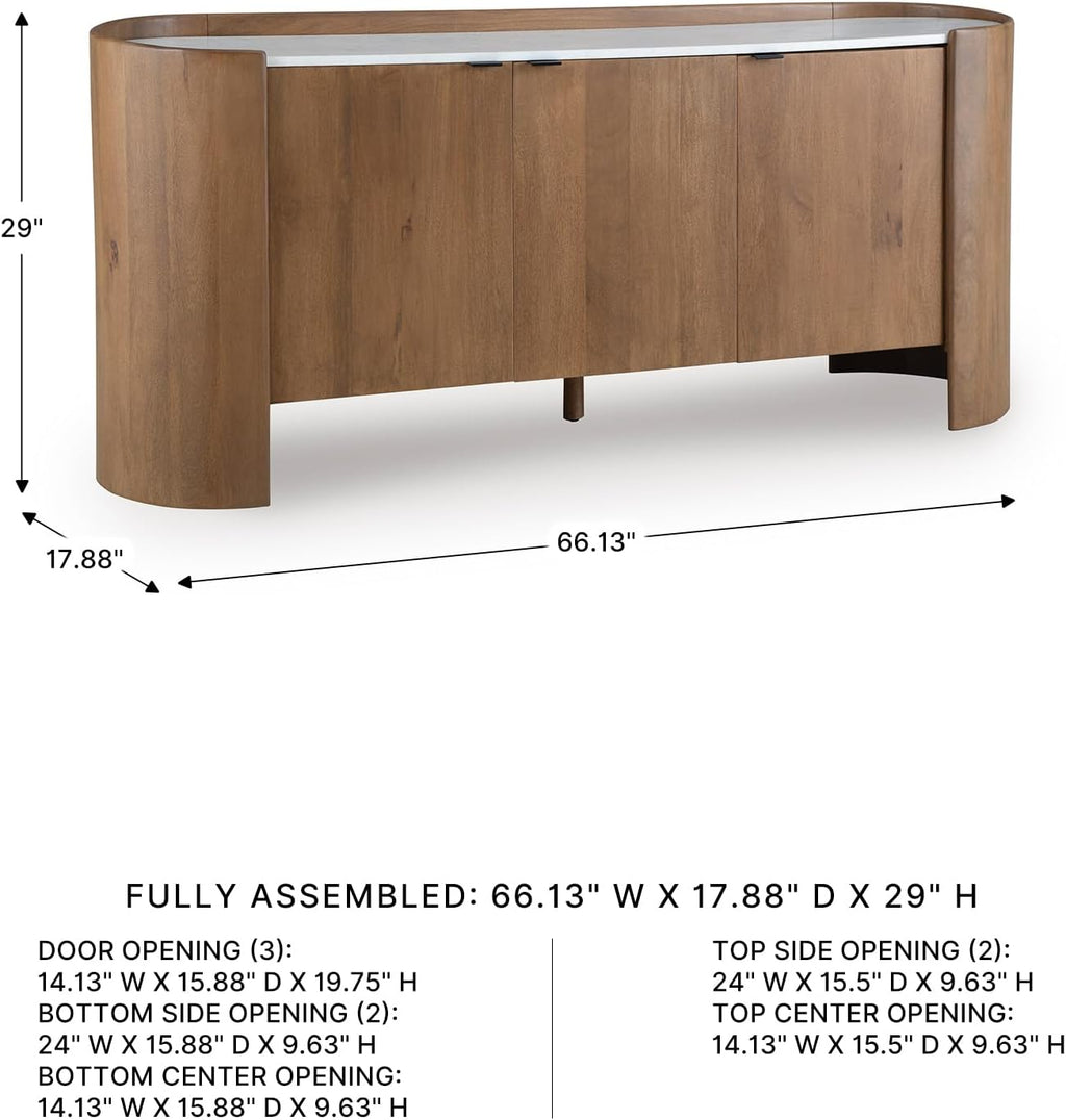 Signature Design by Ashley Modern Accent Cabinet, 66 in Credenza, Fitzroy | Solid mango wood sideboard, Mostly pre-assembled, 3 soft-close doors, Built-in cord management, Natural wood finish