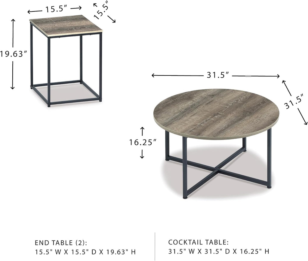 Signature Design by Ashley 3-Piece Living Room Coffee and End Table Set | Round coffee and square end tables, Laminate engineered wood, Dark metallic frames, Contemporary style, Wadeworth Series