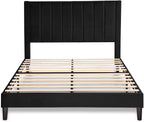 Allewie Queen Bed Frame/Velvet Upholstered Bed Frame with Vertical Channel Tufted Headboard/Strong Wooden Slats/Platform Bed Frame/Mattress Foundation/Box Spring Optional/Easy Assembly/Black