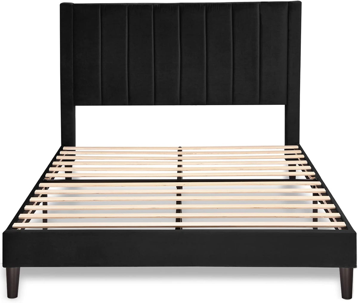 Allewie Queen Bed Frame/Velvet Upholstered Bed Frame with Vertical Channel Tufted Headboard/Strong Wooden Slats/Platform Bed Frame/Mattress Foundation/Box Spring Optional/Easy Assembly/Black