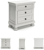 Signature Design by Ashley Tall Antique White Nightstand Wood Bedside Table | Two dovetail drawers, Hidden pull-out tray for valuables, Textured antiqued white oak finish, Robbinsdale Series