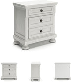 Signature Design by Ashley Tall Antique White Nightstand Wood Bedside Table | Two dovetail drawers, Hidden pull-out tray for valuables, Textured antiqued white oak finish, Robbinsdale Series