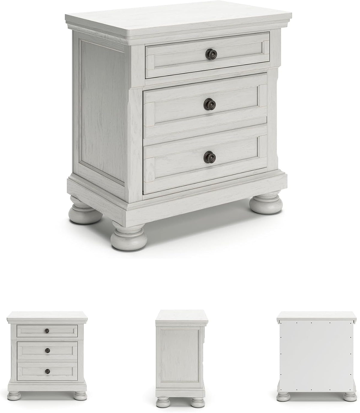 Signature Design by Ashley Tall Antique White Nightstand Wood Bedside Table | Two dovetail drawers, Hidden pull-out tray for valuables, Textured antiqued white oak finish, Robbinsdale Series
