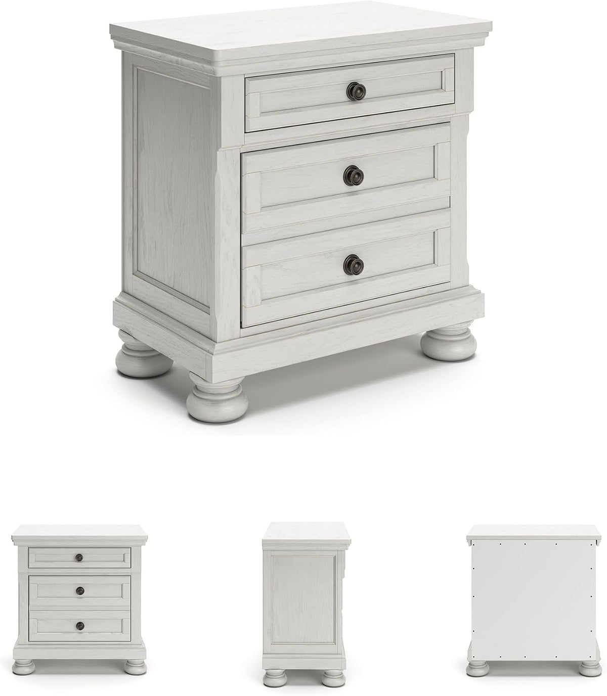 Signature Design by Ashley Tall Antique White Nightstand Wood Bedside Table | Two dovetail drawers, Hidden pull-out tray for valuables, Textured antiqued white oak finish, Robbinsdale Series