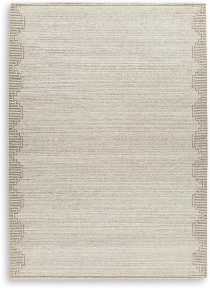 Signature Design by Ashley Wool Area Rug, Extra Large 10x14, Brown/Beige | 100% natural wool tufted construction, Modern stepped border in brown and beige, Oversized footprint, Emorymore Series