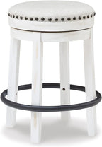 Signature Design by Ashley Valebeck 24 Inch Counter Height Stool | Backless swivel design, Rustic vintage white frame, Cozy beige woven fabric, Metal footrest