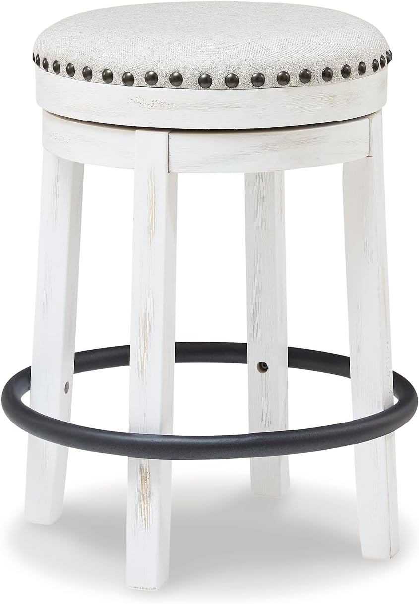 Signature Design by Ashley Valebeck 24 Inch Counter Height Stool | Backless swivel design, Rustic vintage white frame, Cozy beige woven fabric, Metal footrest