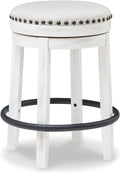 Signature Design by Ashley Valebeck 24 Inch Counter Height Stool | Backless swivel design, Rustic vintage white frame, Cozy beige woven fabric, Metal footrest