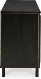 Signature Design by Ashley 72" Black Accent Cabinet Sideboard Buffet | Geometric casual credenza with adjustable shelves, Distressed black wood, veneer and engineered wood, Fair Ridge Series