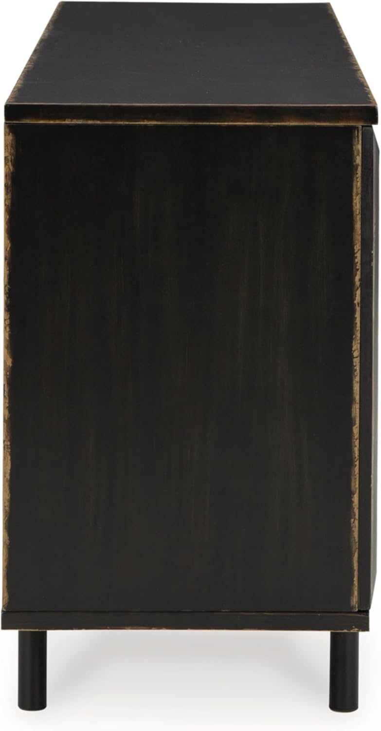 Signature Design by Ashley 72" Black Accent Cabinet Sideboard Buffet | Geometric casual credenza with adjustable shelves, Distressed black wood, veneer and engineered wood, Fair Ridge Series