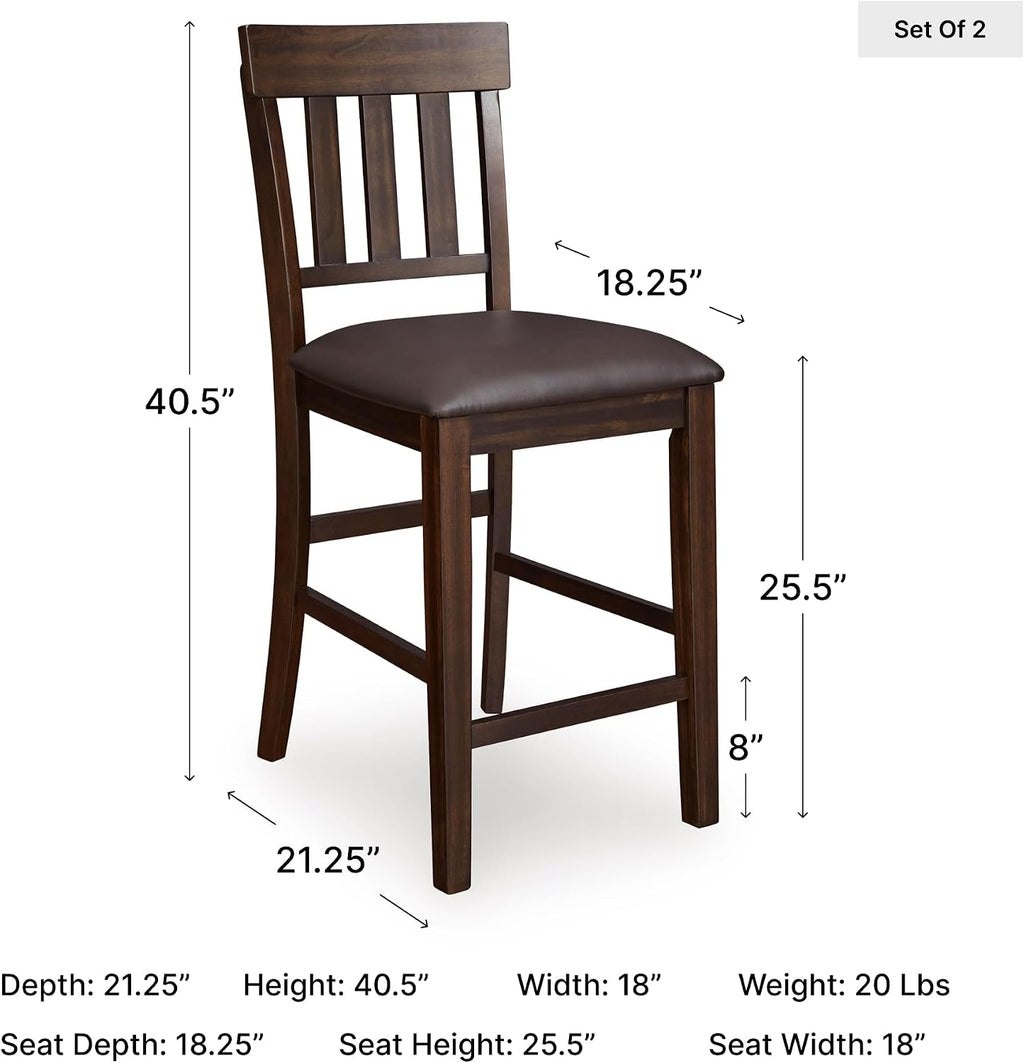 Signature Design by Ashley Haddigan Counter Height Bar Stool, Set of 2 | Easy-clean faux leather cushioned seat, Casual farmhouse wood slat back design, 25.6-inch seat height for kitchen islands