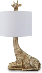 Signature Design by Ashley Giraffe Table Lamp, Goldtone Safari Animal Lamp | Sturdy goldtone polyresin base, Cotton and polyester drum hardback fabric shade, 25-inch tall modern safari style, Ferrison