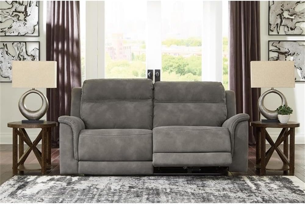 Signature Design by Ashley Power Recliner Sofa, Faux Leather Couch, Slate | Zero-draw USB charging, 6.5-in wall gap, Microfiber, Next-Gen easy to clean water resistant performance fabric