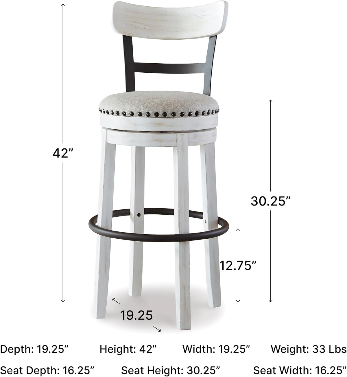 Signature Design by Ashley Valebeck 1-Piece Swivel Barstool, 30 In | Rustic white bar stools, Wood, engineered wood and metal frame, Cushioned polyester seat for pub tables, Farmhouse style