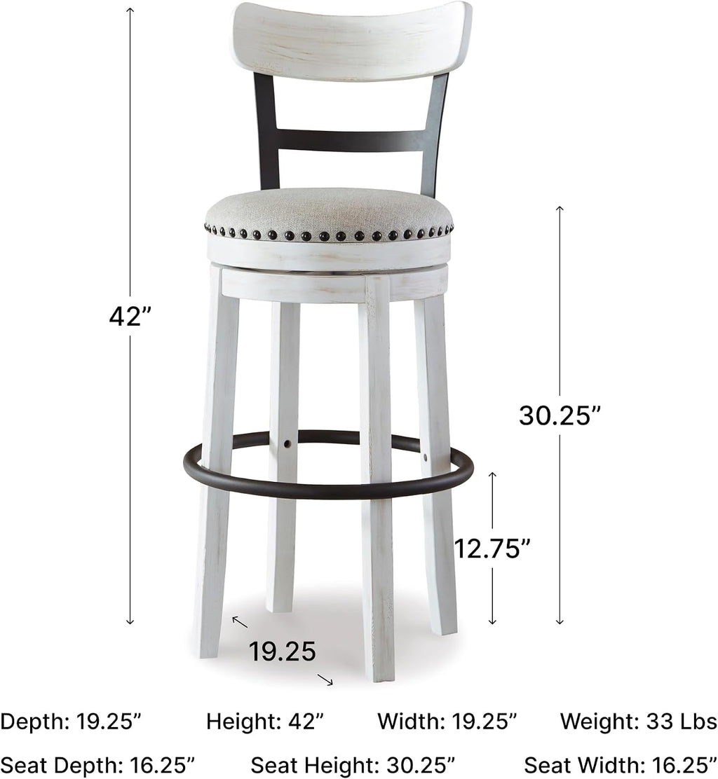 Signature Design by Ashley Valebeck 1-Piece Swivel Barstool, 30 In | Rustic white bar stools, Wood, engineered wood and metal frame, Cushioned polyester seat for pub tables, Farmhouse style