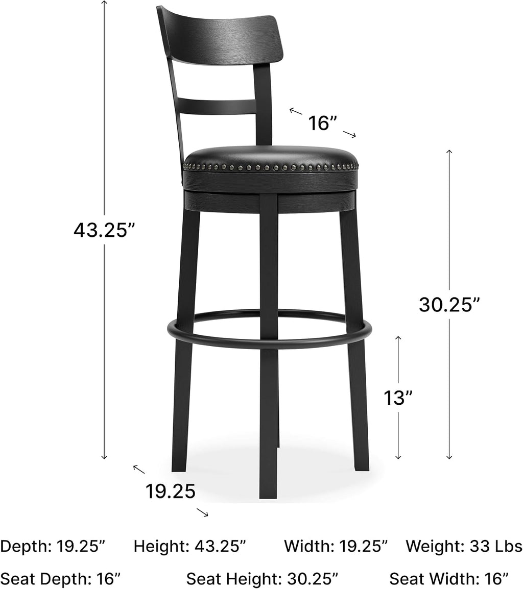 Signature Design by Ashley 30" Swivel Bar Height Bar Stool, Antiqued Black | Solid wood and metal frame, Easy-clean black faux leather seat with 360 swivel, Valebeck Series