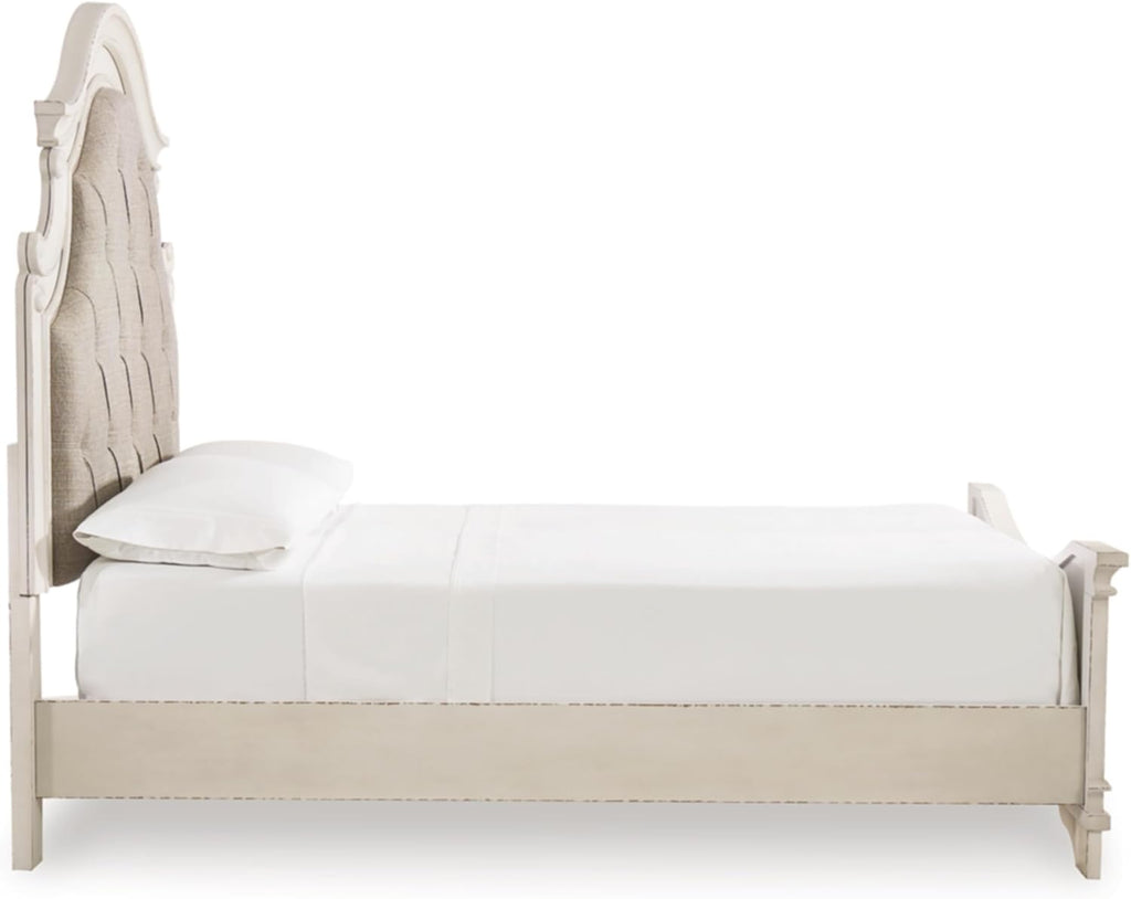 Signature Design by Ashley Realyn Queen Upholstered Bed Frame | 71-inch tall tufted headboard, Traditional panel bed of veneers, wood and engineered wood, French country style