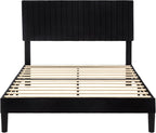 Allewie Queen Bed Frame, Velvet Upholstered Platform Bed with Vertical Channel Tufted Headboard, Mattress Foundation with Strong Wooden Slats, Box Spring Optional, Easy Assembly, Black