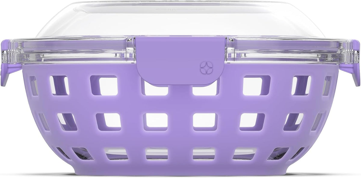 Ello DuraGlass Food Storage Glass Lunch Bowl Container - Meal Prep Container with Silicone Sleeve and Airtight Lid, 5 Cup, Lilac