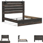 Signature Design by Ashley Drystan Rustic King Size Bed Frame with LED | Rustic brown and gray replicated wood grain with teal accents, Durable engineered wood, Adjustable base compatible