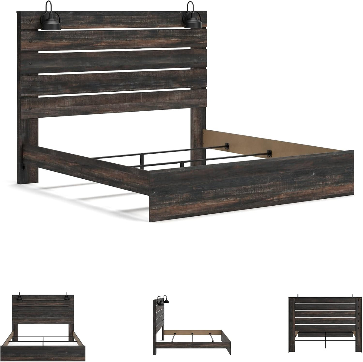 Signature Design by Ashley Drystan Rustic King Size Bed Frame with LED | Rustic brown and gray replicated wood grain with teal accents, Durable engineered wood, Adjustable base compatible