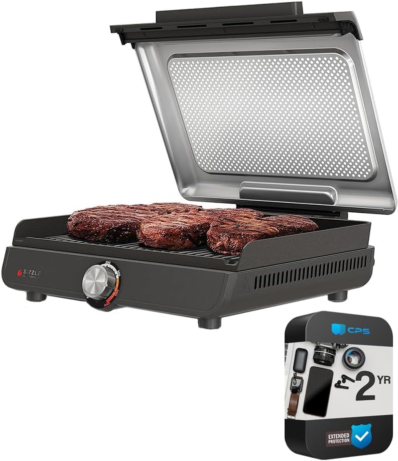 Ninja GR100 Sizzle Smokeless Indoor Grill (Renewed) Bundle with 2 Year Enhanced Protection Pack