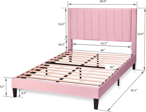 Allewie Queen Bed Frame/Velvet Upholstered Bed Frame with Vertical Channel Tufted Headboard/Strong Wooden Slats/Platform Bed Frame/Mattress Foundation/Box Spring Optional/Easy Assembly/Pink
